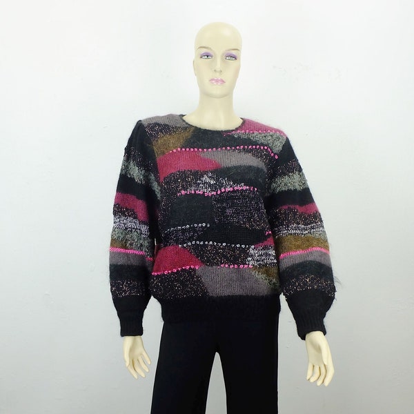 vrai vintage années 80 PULLOVER votre sixième sens mohair lurex mélange de matériaux taille M