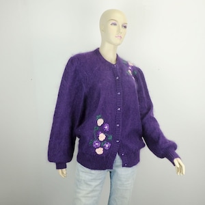 vintage 1980s oversize purple mohair CARDIGAN with velvet and pearls size M