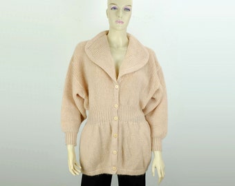 Cárdigan vintage Rodier France, mohair, talla M, rosa empolvado, cuello grande, corte muy bonito.