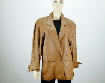 May include: A brown leather jacket with a double-breasted closure and decorative stitching on the sleeves.