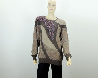 hand knitted 1980s vintage SWEATER abstract pattern different yarns handmade size L