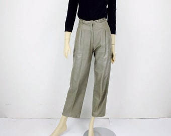 1980s true vintage leather PANTS mud gray leather high waist size 36 UK 10 US 8