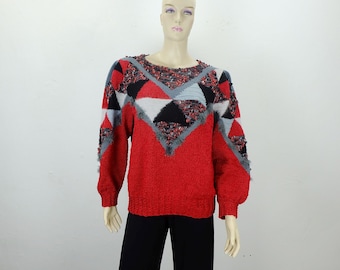 hand knitted 1980s vintage SWEATER geometric pattern red black gray size 36/38 uk 10/12 us 8/10