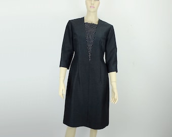 wonderful elegant 1960s vintage DRESS dark gray with strass embroidery custom-made tailor-made cocktail dress UK 14/16 US 12/14