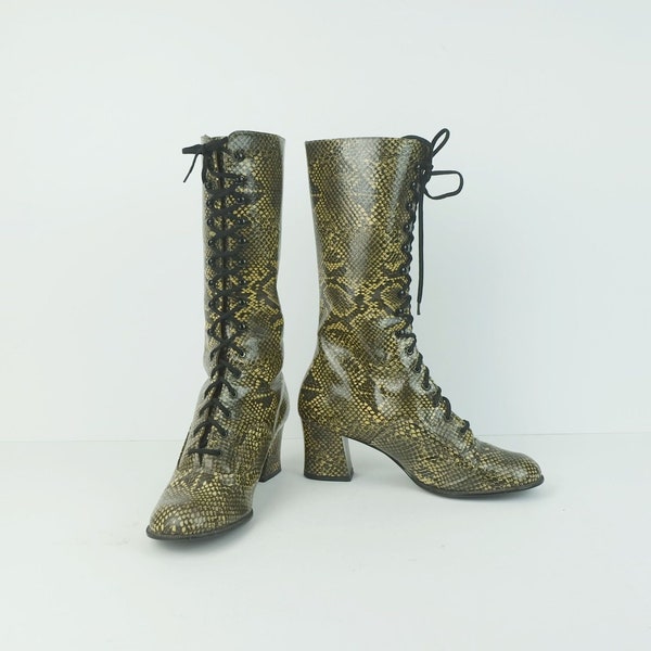 Années 60 70 véritable salamandre vintage BOOTS bottes à lacets motif serpent taille 38 bottes pour femmes mod gogo