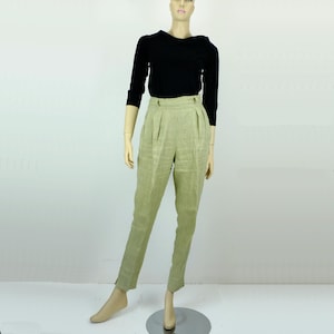 1980s 90s true vintage light green pleated high waist TROUSERS 100% linen size uk 12 uk 10