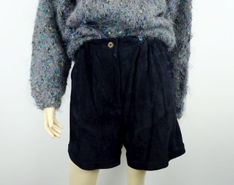 1980s true vintage leather SHORTS dark blue suede high waist size 36/38 UK 10/12 US 8/10