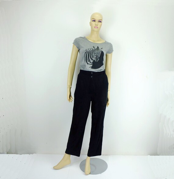 1980s true vintage suede PANTS black leather high… - image 1