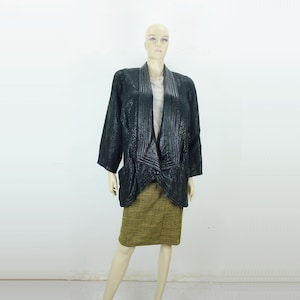 extravagant true vintage LEATHER JACKET size M black leather suede pattern oversize 80s