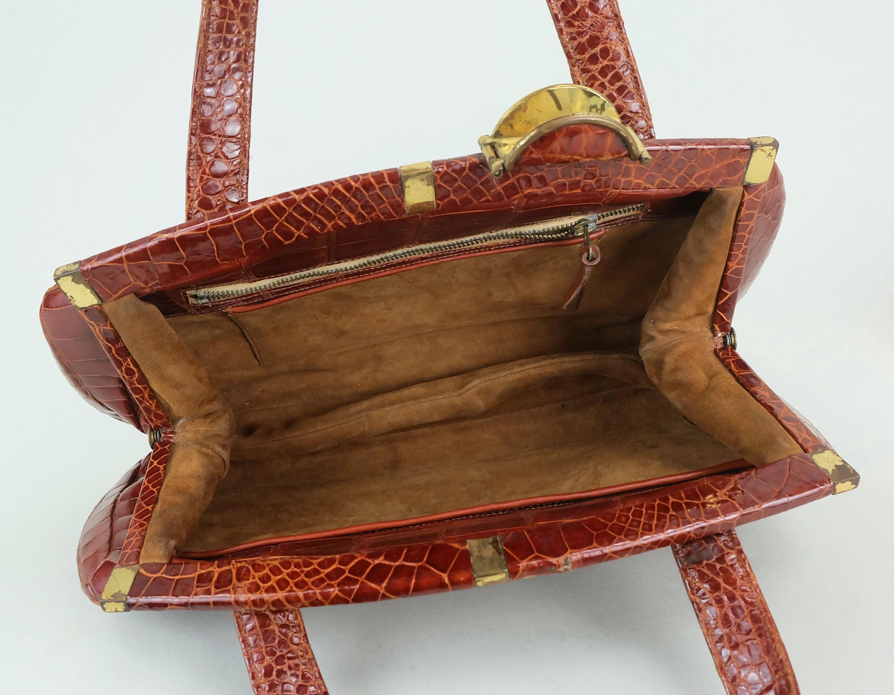 Sac Vintage Français Des Années 40-50 En Cuir Grainé Marron - Très Bel état, Détails Or Et Acier