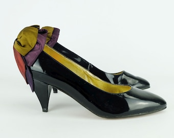 1980s true vintage PUMPS rondex design w. germany black patent leather beautiful detail uk size 4 us size 6.5