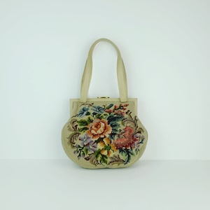 1950's HANDBAG petit point embroidery bag floral pattern wool and leather tapestry embroidery