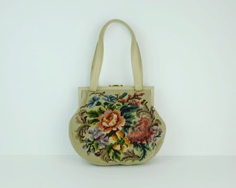 Sac de tapisserie à MAIN des années 1950 motif floral broderie de tapisserie en laine et cuir