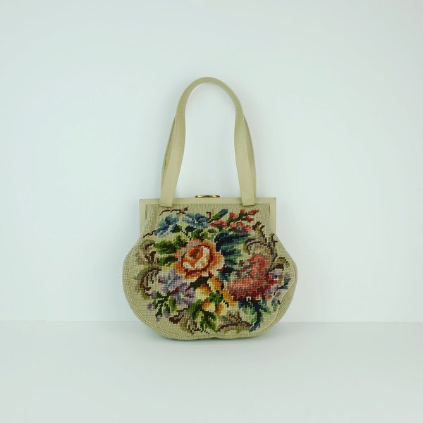 50er jahre HANDTASCHE gobelintasche blumenmuster wolle und leder gobelinstickerei