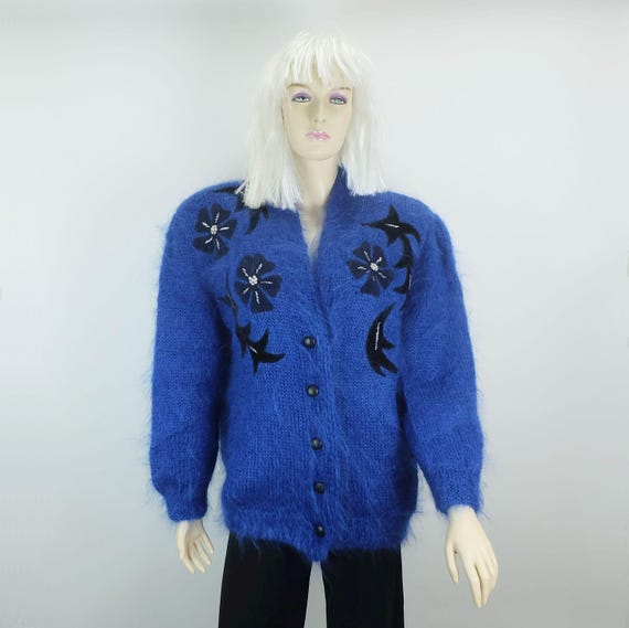 Oversized Cardigan, 1980s Vintage, 100% Mohair, Appliqués, Pearls
