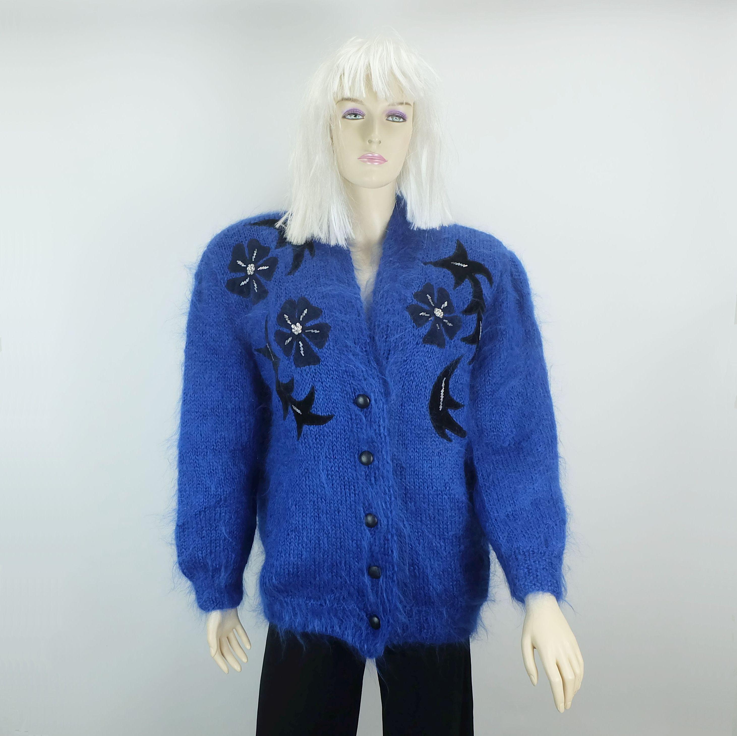 Oversized Cardigan, 1980s Vintage, 100% Mohair, Appliqués, Pearls