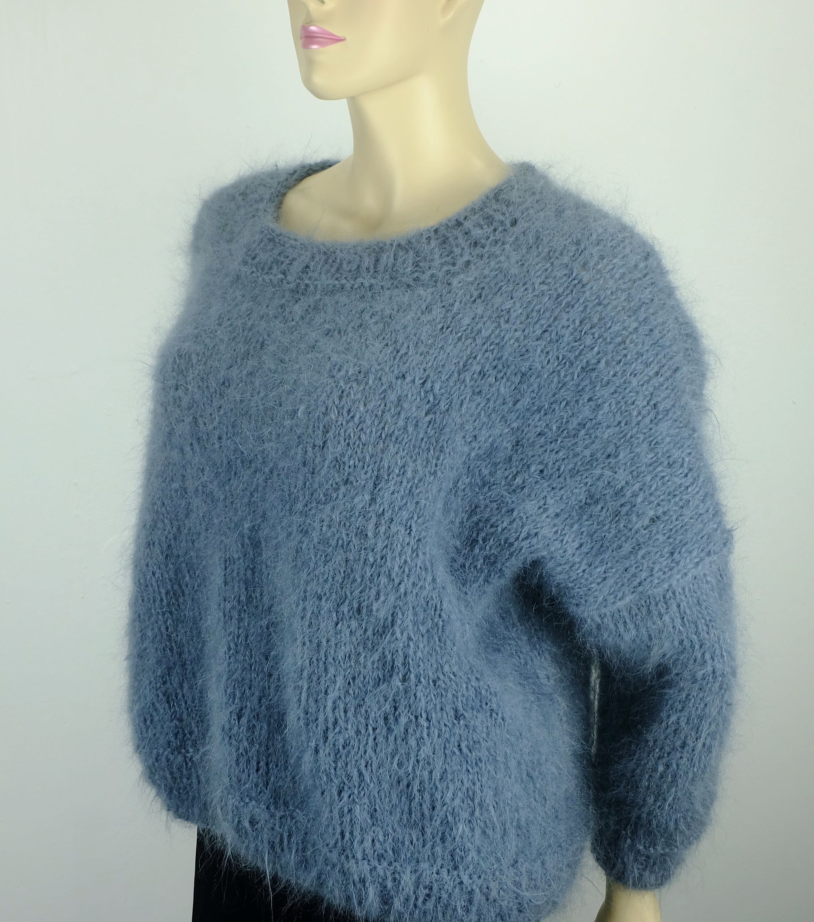 Suéter tejido a mano mohair azul esponjoso tamaño L noble lana Etsy