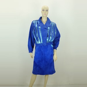 stunning and rare vintage 1980s rupp & taureck suede DRESS skirt and jacket uk 14 us 12 blue goat skin metallic snake skin