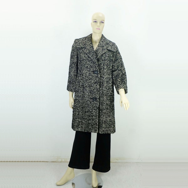 50s vrai vintage COAT taille 38/40 tweed à chevrons grand col gros boutons manches trois-quarts