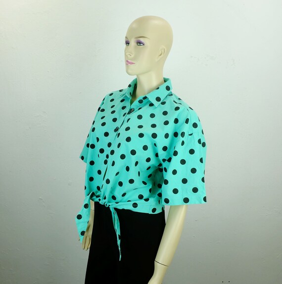 80s Vintage BLOUSE Polka Dots Size M Emerald Green and Black