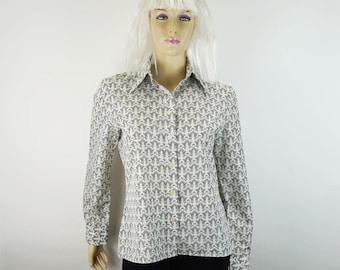 Camicetta vintage anni '70, camicetta da donna, elegantia luisa Spanish Italy, taglia M, fantasia astratta, bianco e nero