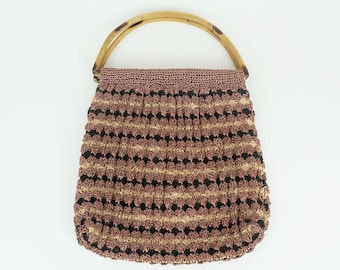 50s vintage crocheted 3-color raffia BAG handbag with bamboo handles