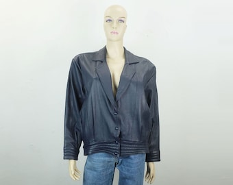 1980s true vintage blue LEATHER JACKET oversize cut wide sleeves size S/M