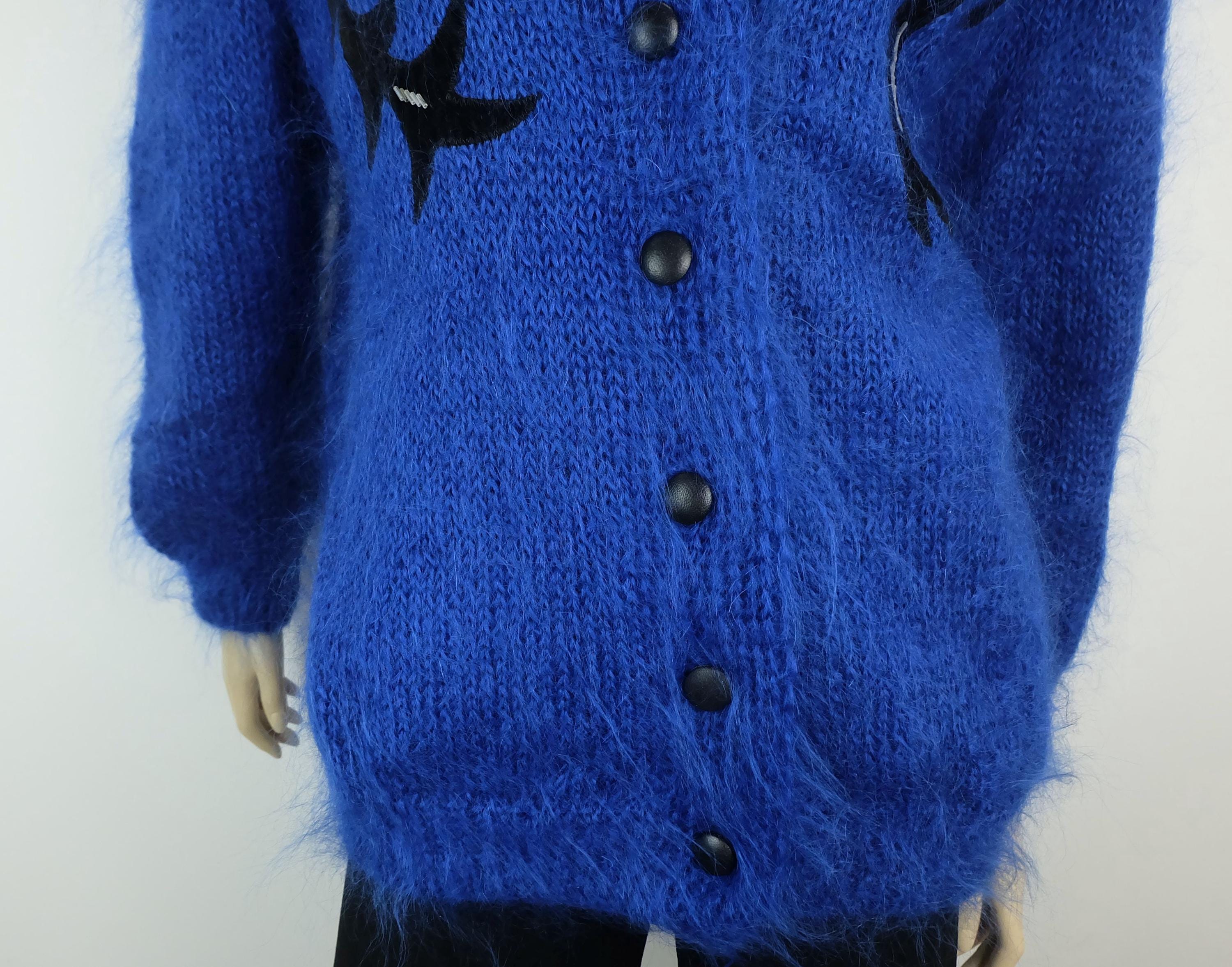 Oversized Cardigan, 1980s Vintage, 100% Mohair, Appliqués, Pearls