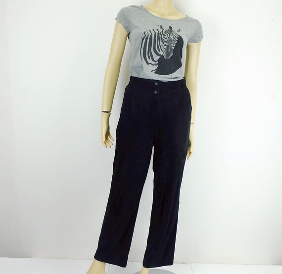 1980s true vintage suede PANTS black leather high… - image 3