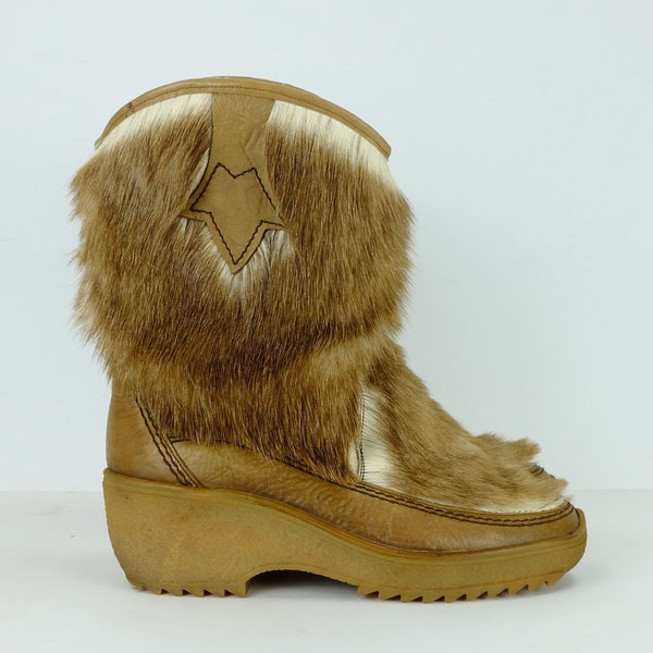 60er 70er STIEFEL fellstiefel mit leder keilabsatz gr. 6 1/2 = 39 - 39,5 warme stiefel yeti boots