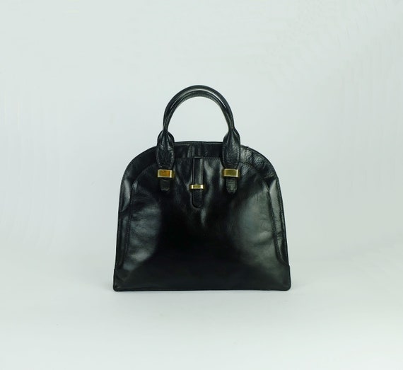 vintage 1970s HANDBAG black leather and brass