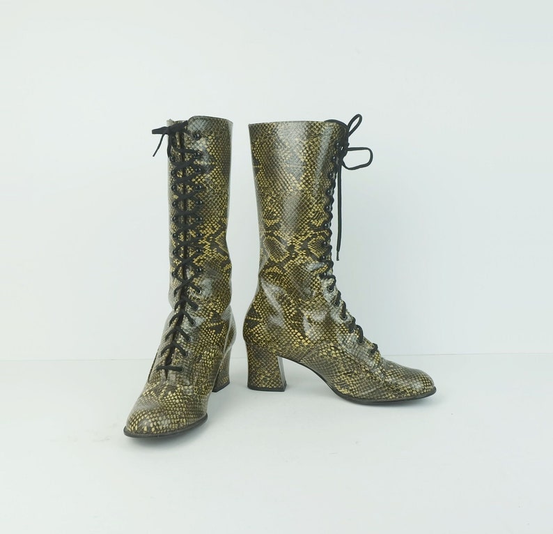 60s 70s true vintage salamander BOOTS lace-up boots snake pattern women's boots mod gogo US 7 UK 4.5 image 1