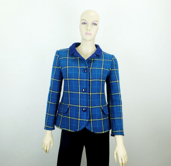 Short JACKET Costume Jacket Size M Wool Blue and Checkered Fabric 