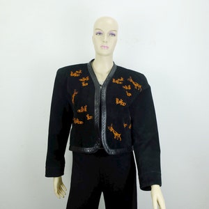 vraie veste SUEDE JACKET vintage des années 80 taille 38 veste courte marron noir brodée yessica