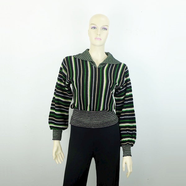 70er true vintage PULLOVER lurex gestreift glam rock disco gr. S glitzerpulli