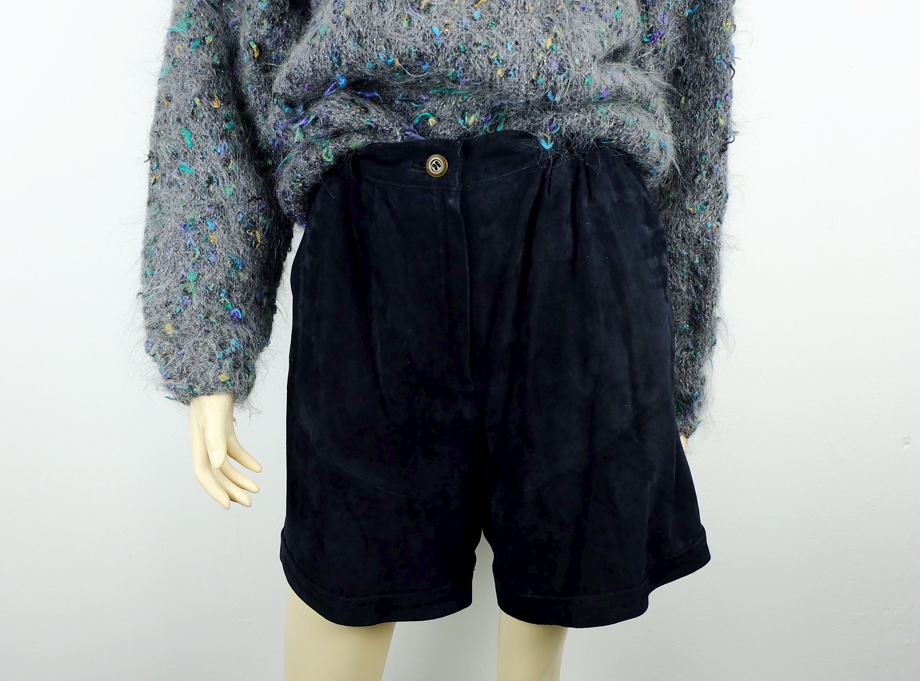 最高 1980s Waist High Suede Blue Dark SHORTS Leather Vintage True ジャケット・アウター