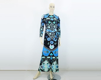 Długa sukienka vintage z lat 60. i 70., rozmiar 38, abstrakcyjny wzór, sukienka maxi z peek & cloppenburg