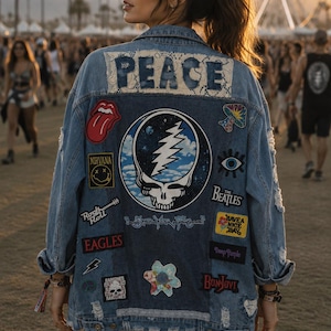 Upcycled long denim patch jacket