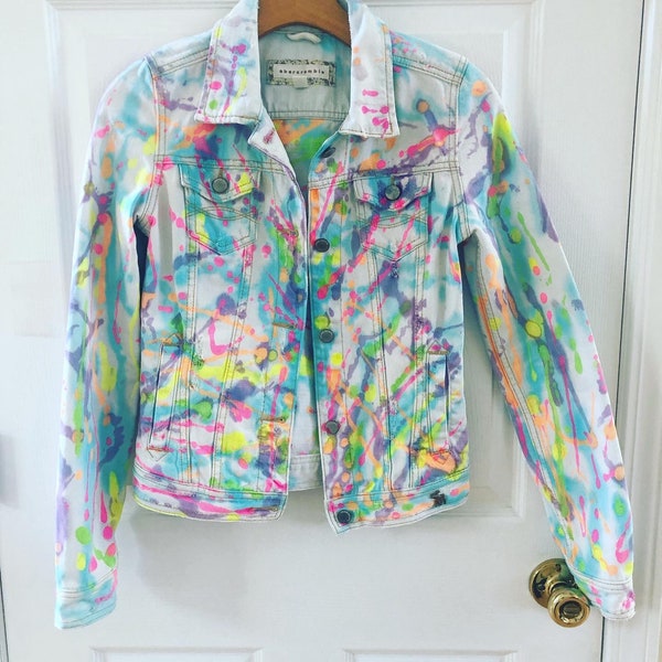 Neon splatter denim reworked jean jacket sz xs