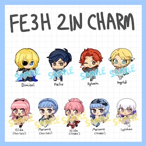 Könnte beinhalten: Ein Set mit zehn 5 cm großen Charakter-Anhängern mit Figuren aus dem Videospiel Fire Emblem: Three Houses. Die Charaktere sind Dimitri, Felix, Sylvain, Ingrid, Hilda (Häuser), Marianne (Häuser), Hilda (Hoffnungen), Marianne (Hoffnungen), Lysithea und ein leerer Anhänger.