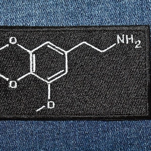 May include: Black fabric patch with a white embroidered chemical structure and the text "NH2".