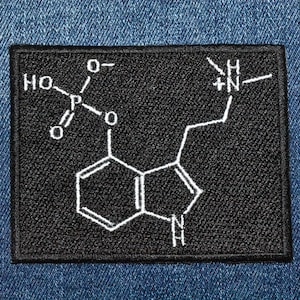 May include: Black patch with white embroidered chemical structure of a molecule with the text 'HO-P-O' and 'H-N+'