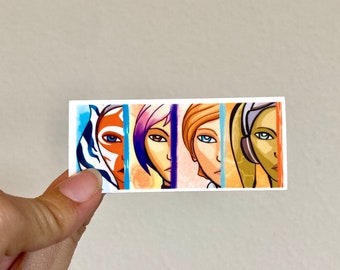 May include: A colorful illustration of four female faces, each with a different hairstyle and skin tone. The faces are arranged in a row, with the leftmost face looking to the right and the rightmost face looking to the left. The background is a light blue color.