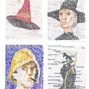 May include: A set of four prints featuring literary character portraits formed by repeating book titles. The top left shows a red hat, top right a black hat, bottom left a yellow figure, and bottom right a black figure, all on white backgrounds.