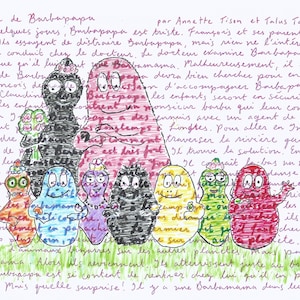 Barbapapa y la familia Barbapapa, póster para el lector, del clásico libro ilustrado, en francés original de Le Voyage do Barbapapa