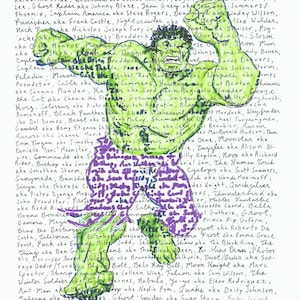 Ritratti di eroi dei primi fumetti Marvel, un poster di parole disegnato con i nomi dei personaggi principali, realizzato con il kit da colorare Marvel