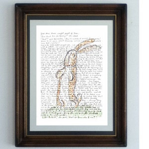 May include: A framed print of a handwritten story about a rabbit with a hand-drawn illustration of the rabbit. The text reads "Just then, there came a  sight of him..." and continues with the story.
