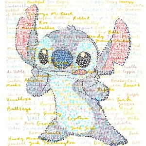 Stitch poster, a handmade word art picture of the destructive cutie from Lilo and Stitch, alien trouble