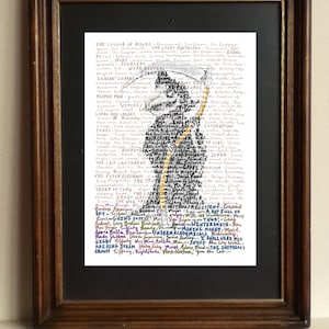 May include: A framed print featuring a central illustration of a scythe outlined in yellow and black, overlaid on a white background filled with dense, handwritten black text listing various book titles and character names in a vertical arrangement.