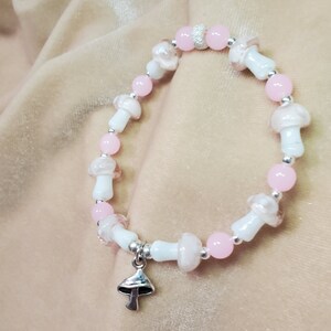 Lampwork glass Pink Mushroom Beads with a Sterling Silver Mushroom charm